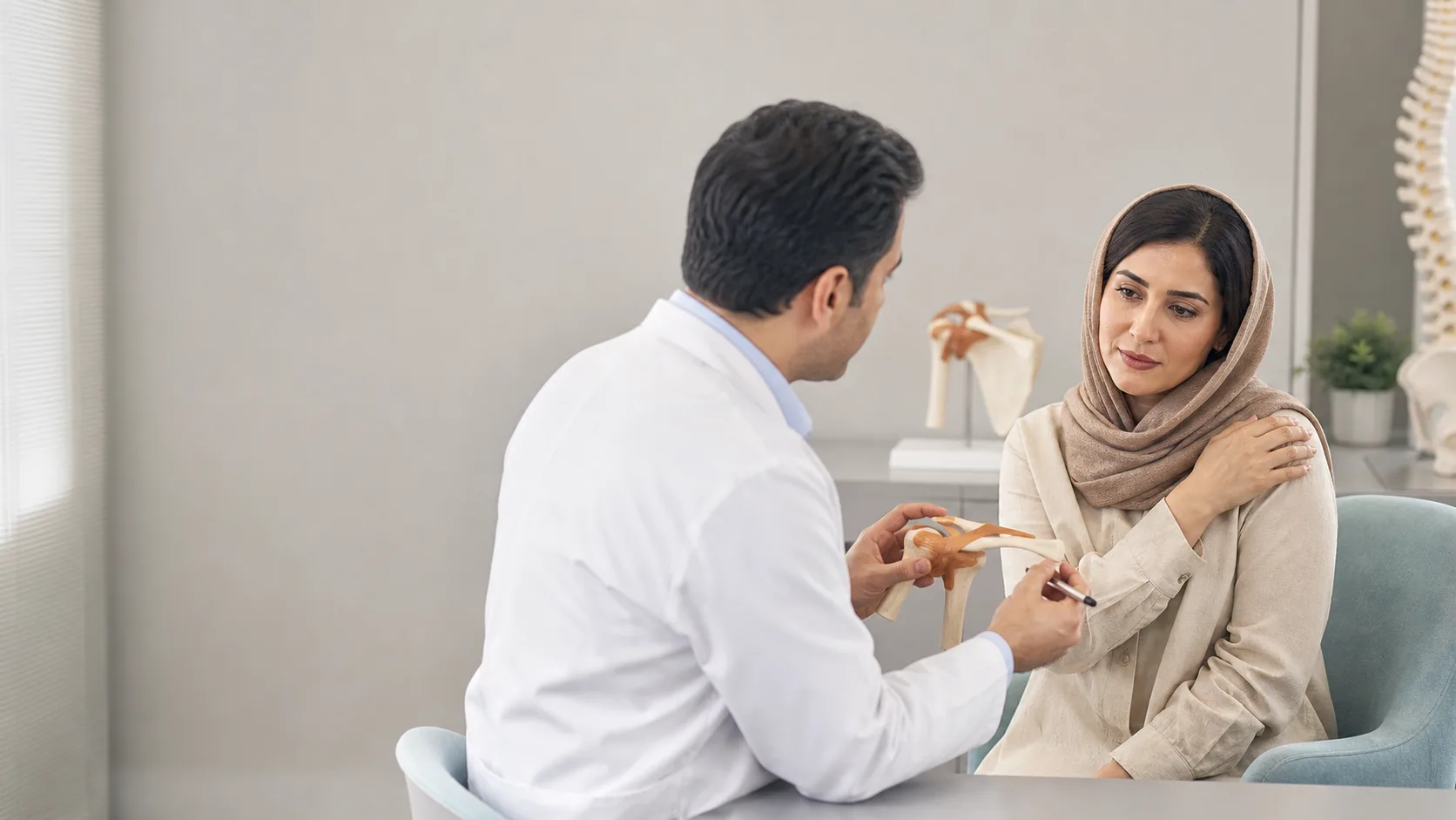 تصویر آموزشی آناتومی شانه با نواحی درد در شانهٔ راست و چپ